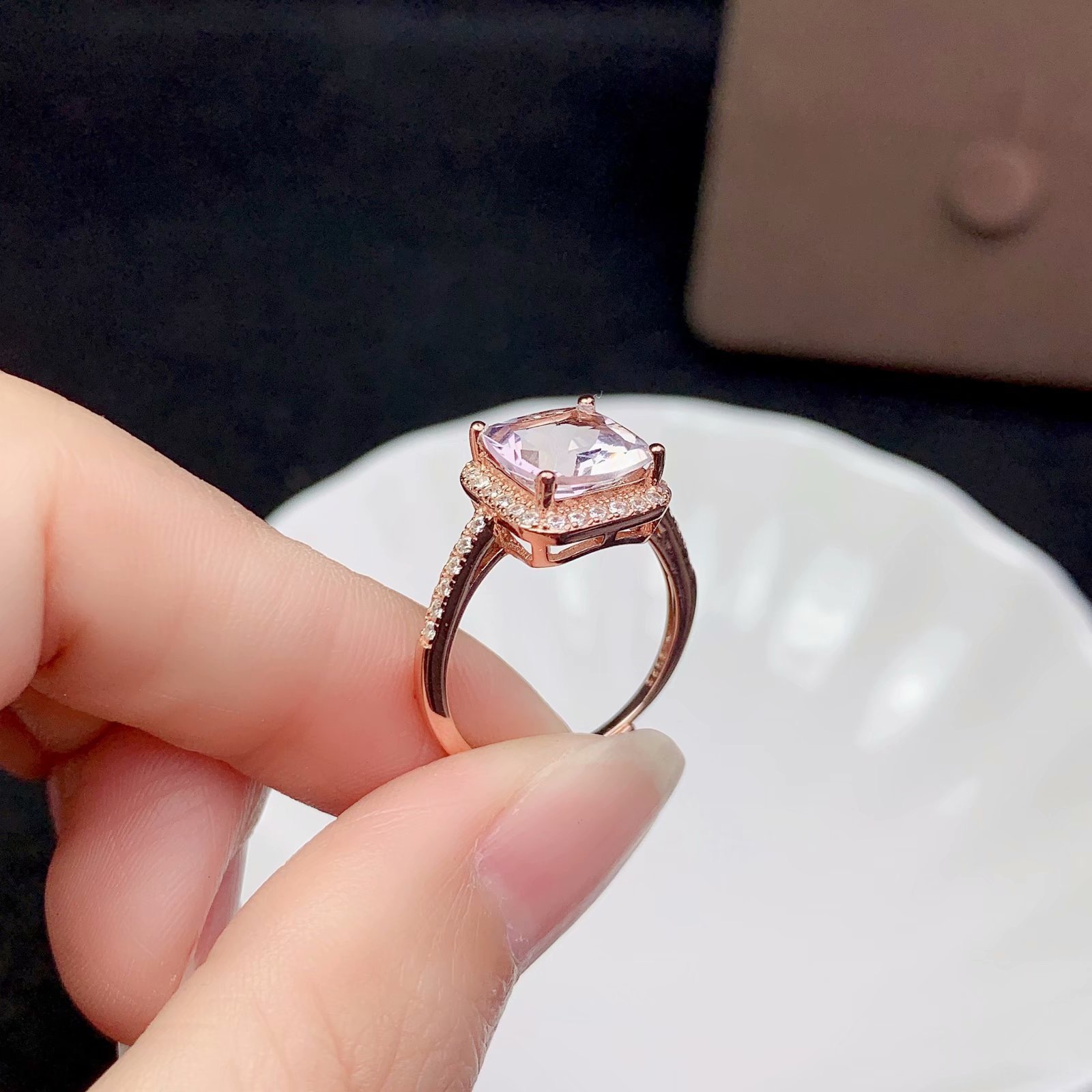Sparkling Luxury Wedding Jewelry Sets 925 Sterling Silver Rose Gold Fill Princess Cut Pink 5A Cubic Zircon CZ Diamond Stud Earrings Open Ring Clavicle