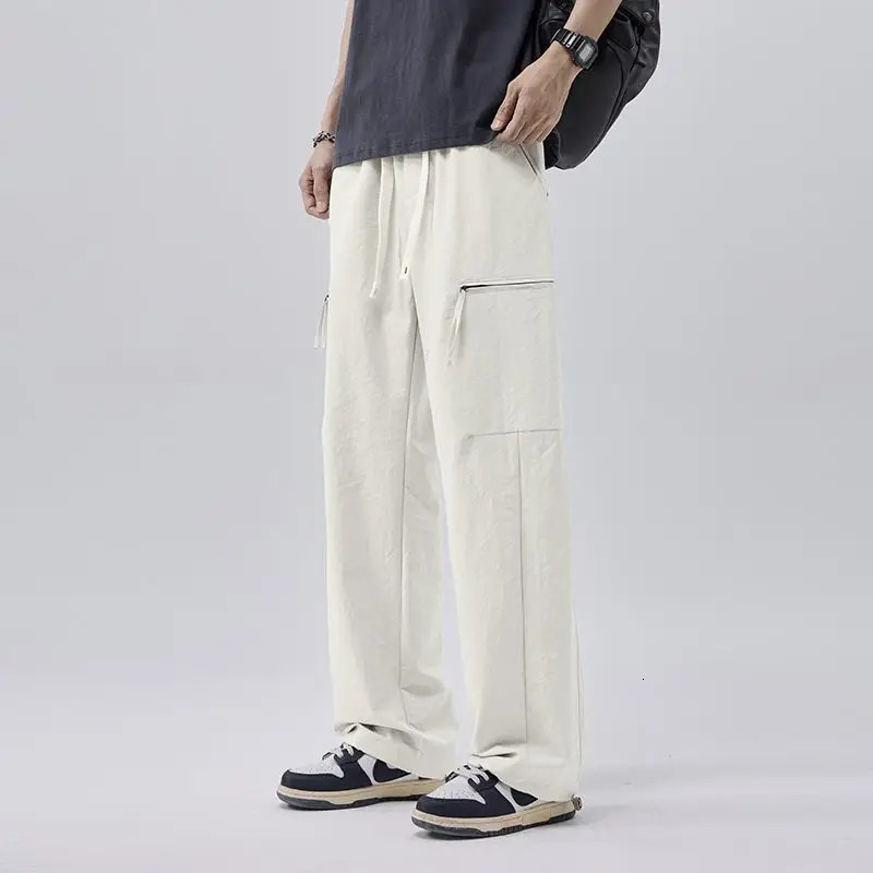 Spring Mens Casual Pants Cargo Jeans Fashion n Multiple Pockets Wide Leg Pants Baggy Straight Streetwear Male Trousers 250305Z