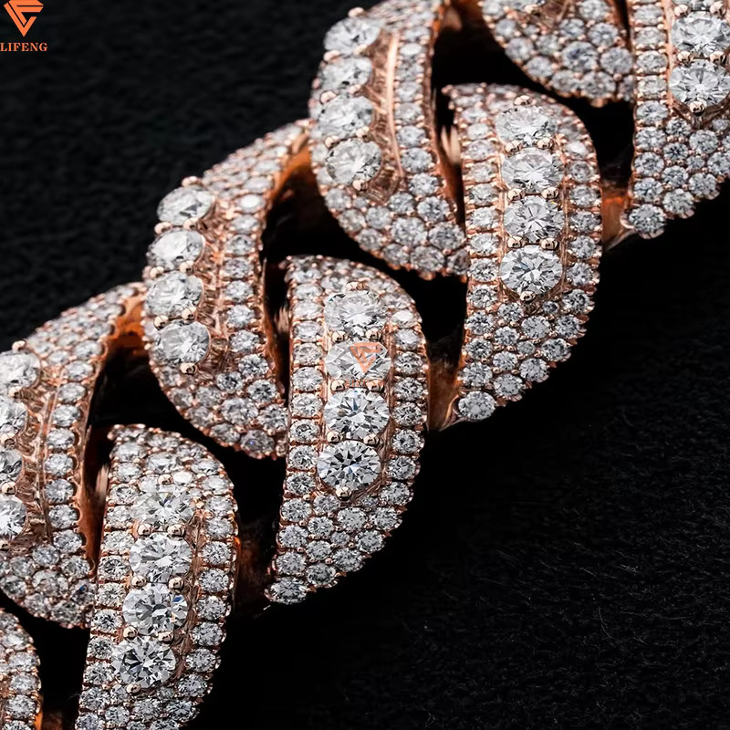 8mm 14mm 2- 3 Rows Pass Diamond Tester VVS1 Moissanite Miami Necklace 925 Sterling Silver Moissanite Cuban Link Chain Rose Gold