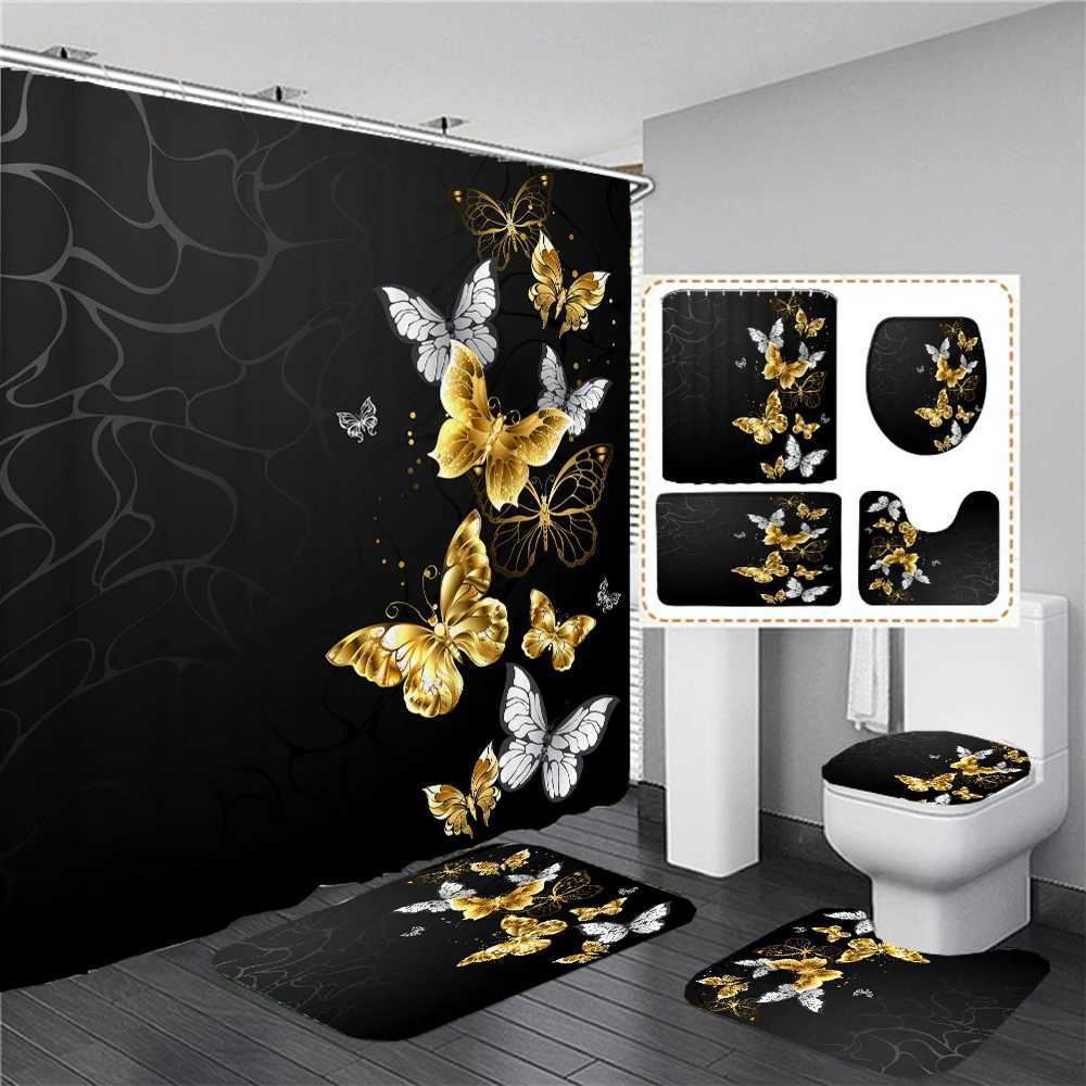 Waterproof Shower Curtain Sets with Rugs Golden Butterfly Print Bath Rug and Mats with Hooks Toilet Seat Cover Bathroom DecorT250306