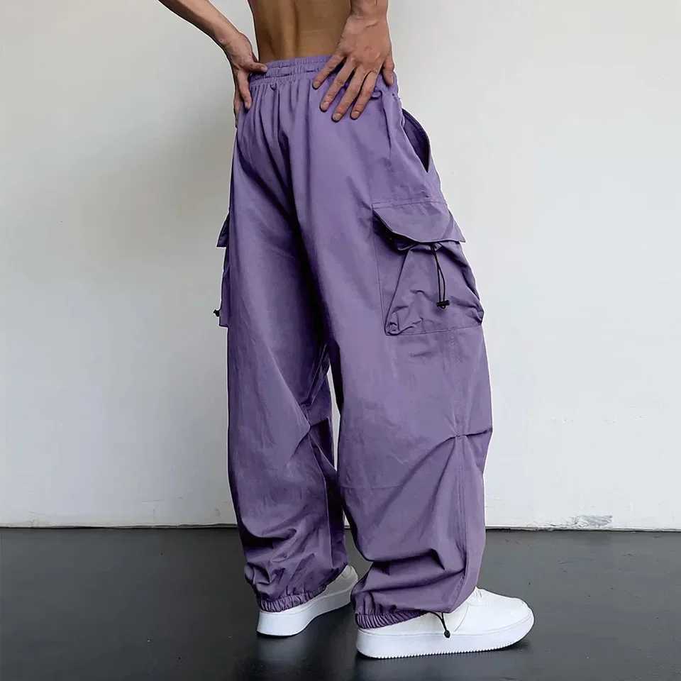 New Mens Summer Vintage Y2k Hip Hop Cargo Parachute Pants Streetwear Wide Leg Sweatpants Quick Drying High Waisted Mens PantsT250308