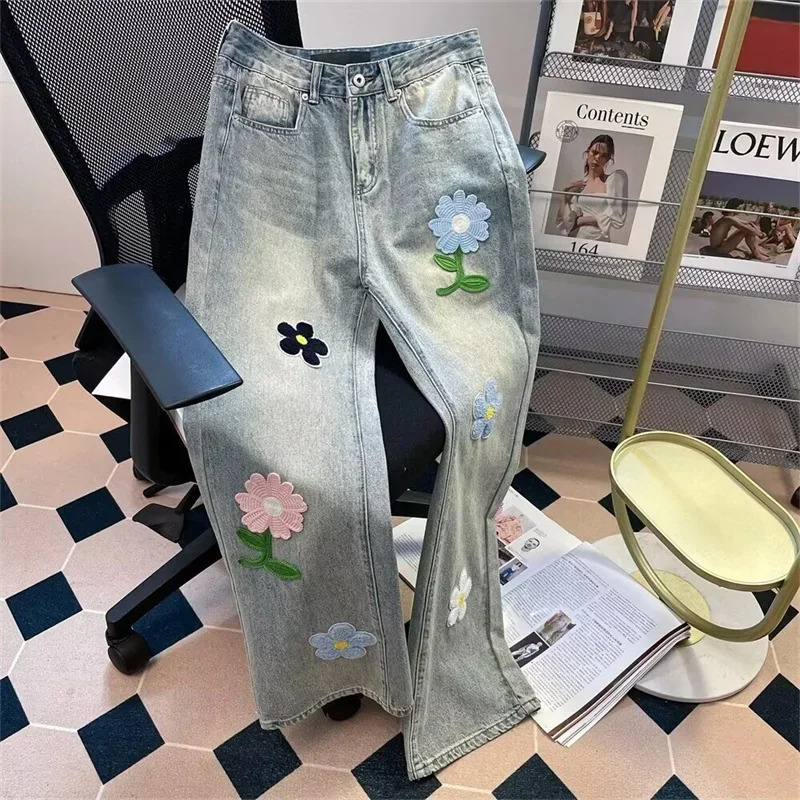 Y2K Vintage Flower Embroidered Jeans For Men High Street Baggy Straight Wide Leg Denim Pants Autumn Hip Hop Fashion Jean 250306