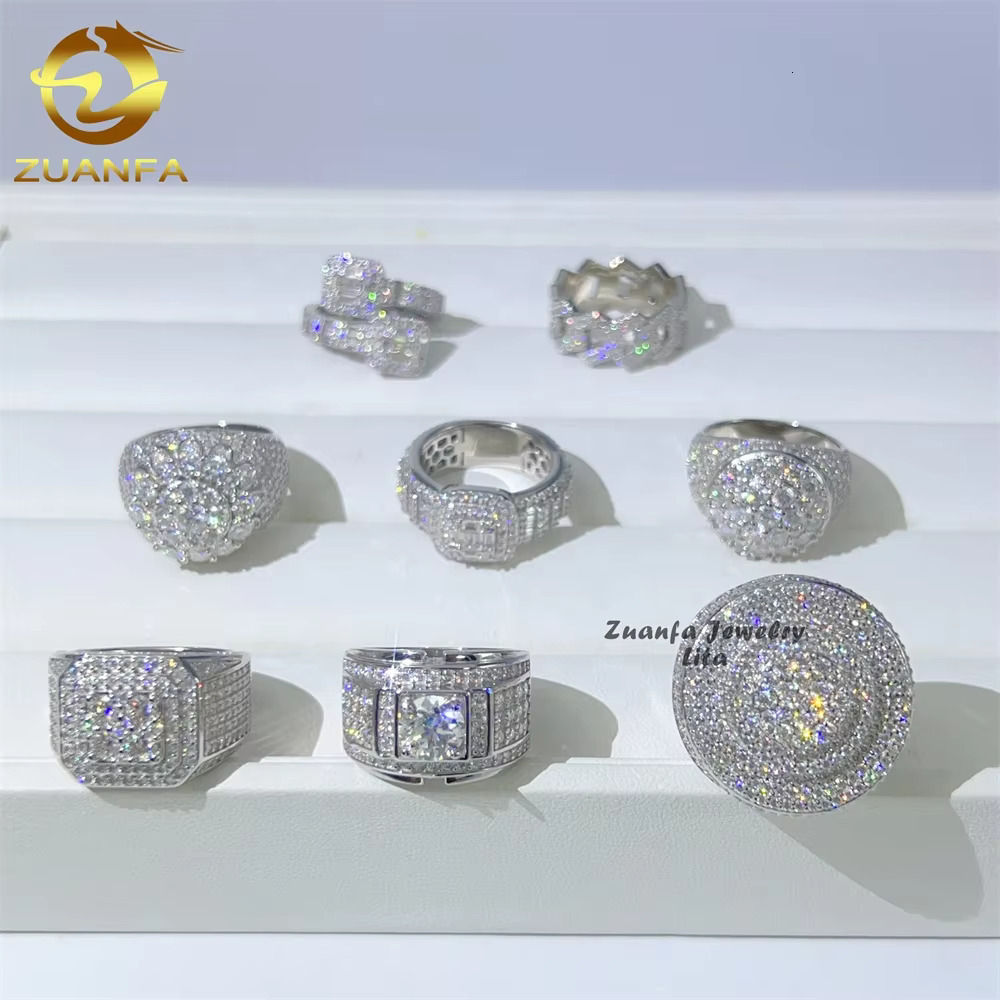 New Arrival Fine Jewelry 925 Sterling Silver Iced Out Diamond Hip Hop Mens Moissanite Ring
