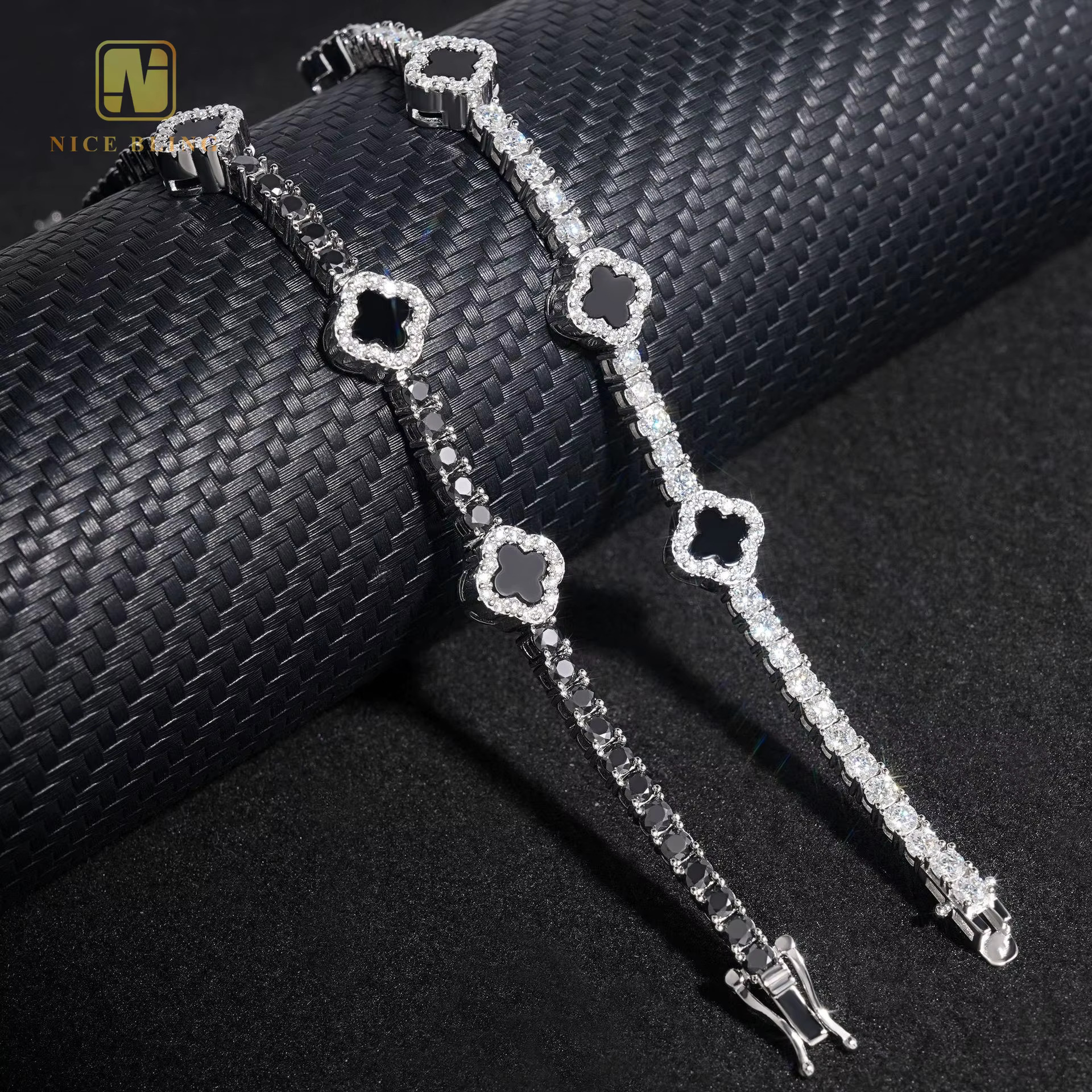 New Arrivals Jewelry 3mm Iced Out Hip Hop Bracelet 925 Sterling Silver Black White Moissanite Clover Tennis Bracelet Necklace
