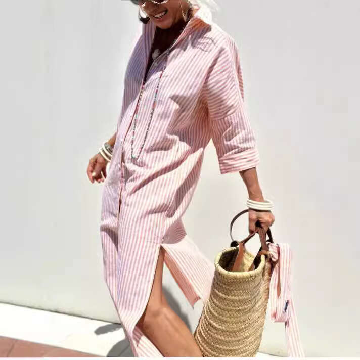 New striped shirt from Europe America, split dress, summer shirt, 2025 new style, chic and elegant clothing