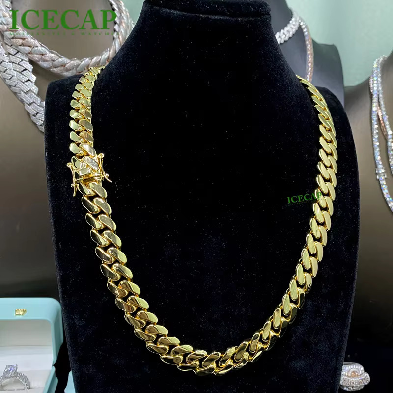 Customized Miami 14mm Classic 14k Gold Plated Cuban Link Chain 925 Sterling Silver Cuban Link Chain Mens