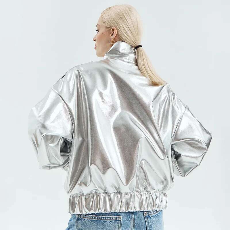 hoodie Fashion Shiny Gold Sier PU Jacket Women Lapel Zipper Pockets Loose Metallic Leather Jackets Hiphop Punk Lady Outcoats jacket