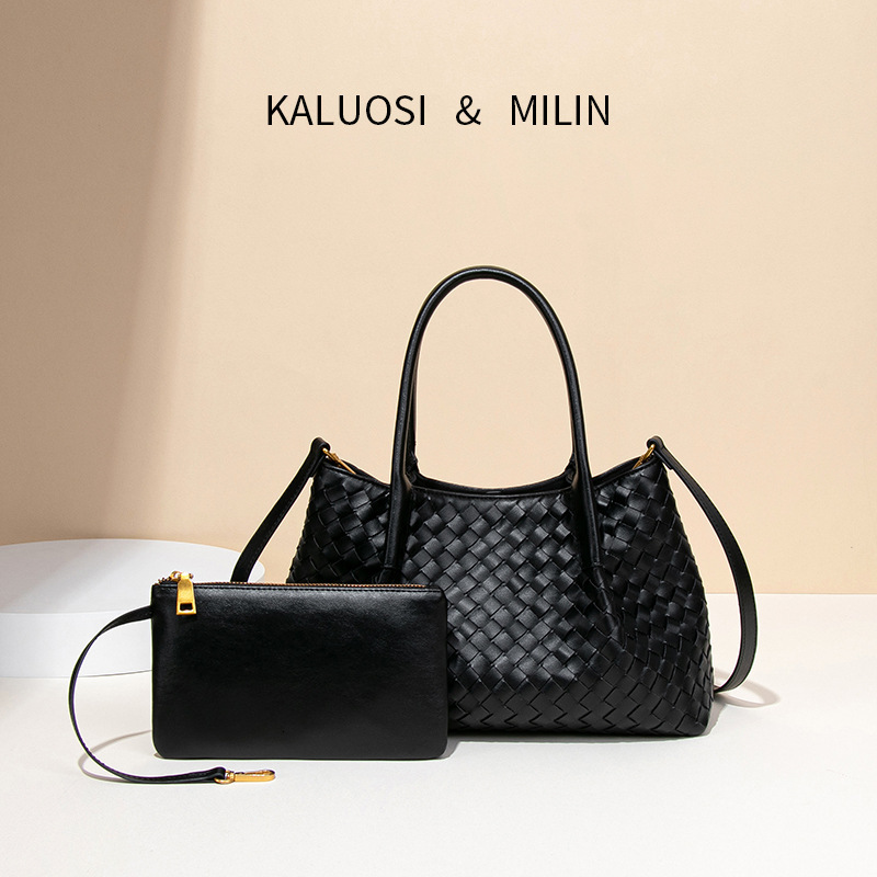 Bag For Women 2025 New Handmade Black Woven High-End Commuting, Large Capacity Mother And Child Bucket Bag, Tote Bag