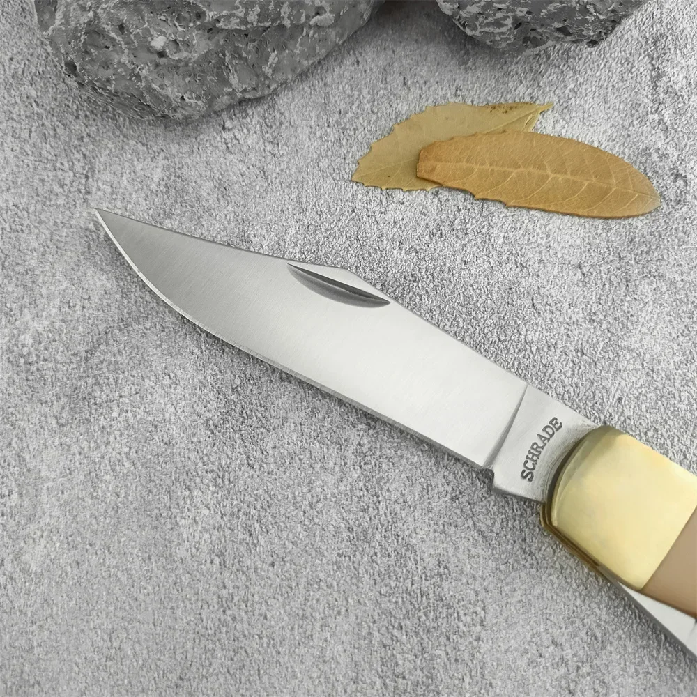 Schrade 25OT Pocket Folding Knife with Double 7Cr13Mov Blade Brass + Acrylic Handle Cowhide Sheath Outdoor Hunting Survival Camping Knives 3300 535 15