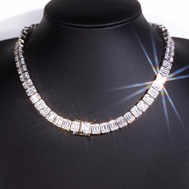 Fashion Baguette Tennis Chain Fine Jewelry 9mm Width S925 Solid Silver Chain Hip Hop Necklace VVS Moissanite Cuban Chain