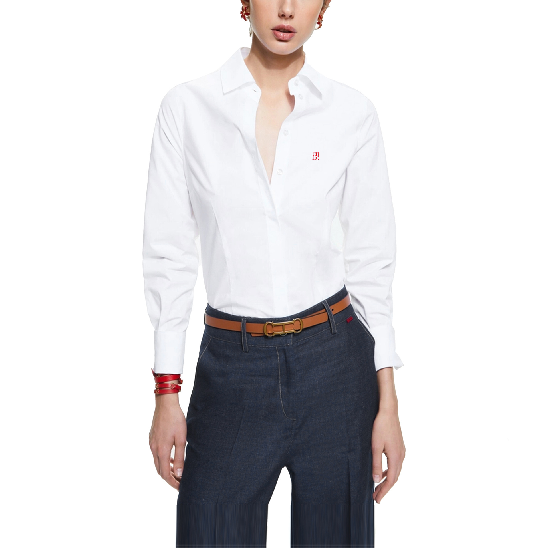 CHCH Simple And Fashionable Letter New Women's Slimming Cardigan Polo Collar Long Sleeved Shirt