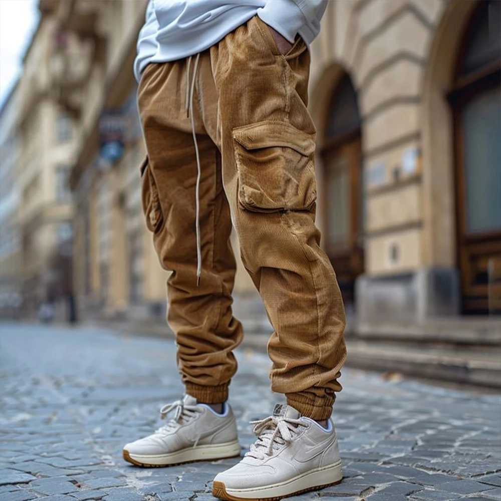 Mens Corduroy Fleece Warm Pants Pocket Winter Vintage Loose Workwear Drawstring Elastic Waist Joggers Windproof Design TrousersT250308