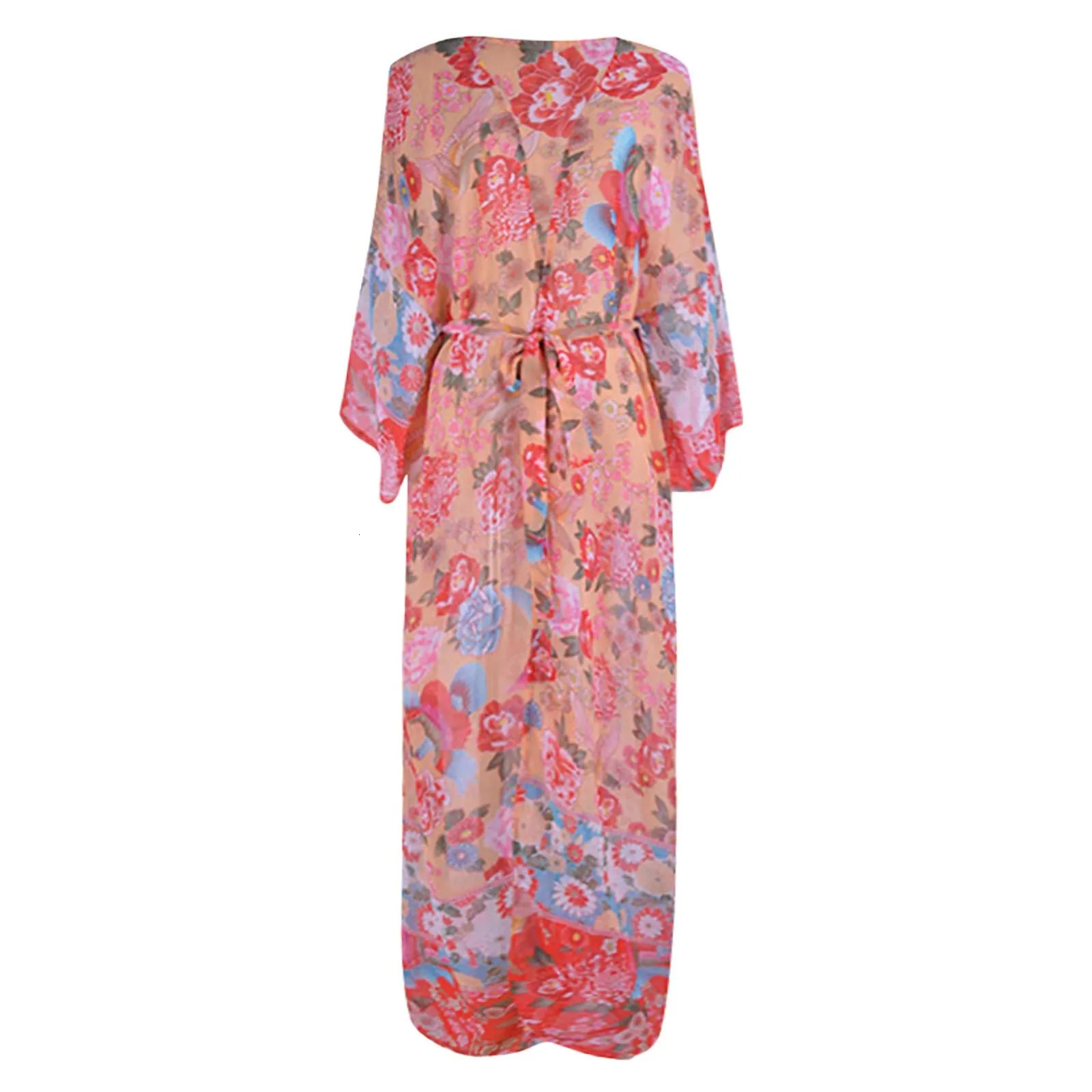 Womens floral print Bohemian beach style fashionable sun screen long skirt holiday edition chiffon long sleeved thin cardigan 250305Z