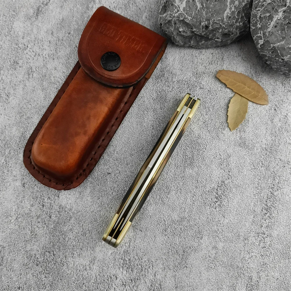 Schrade 25OT Pocket Folding Knife with Double 7Cr13Mov Blade Brass + Acrylic Handle Cowhide Sheath Outdoor Hunting Survival Camping Knives 3300 535 15