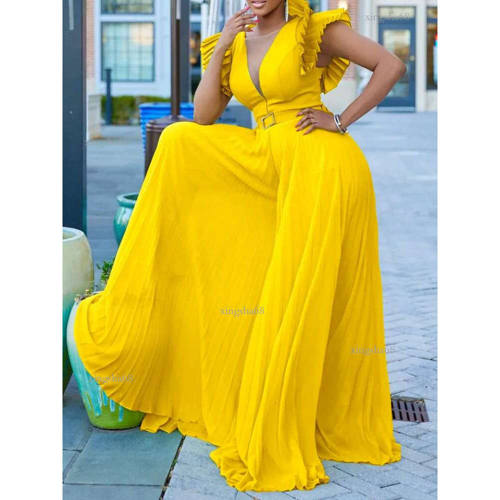 Women S Jumpsuits Romper Wide Leg Pleated High Waist V Neck Ruffles African Female Elegant Summer Fashion Yellow 2023 23