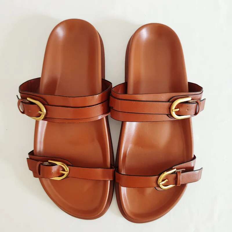 Summer 2025 Women s Sandals Black Brown Metal Buckle Flat Shoes Slippers Fashion Designer New Sexy Women s Flip Flops Round Head Lace Shoes