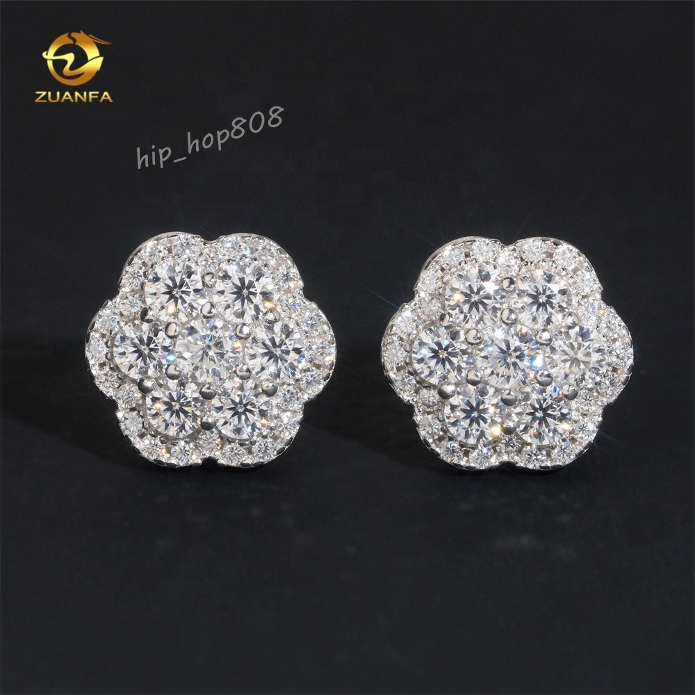 Hot Sale High Quality Cheap Price Hip Hop Style Iced Out 925 Silver Flower Cluster Men Moissanite Earrings