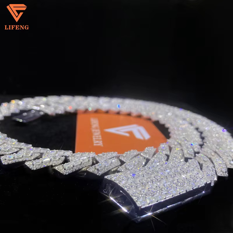 Lifeng Jewelry 18mm Baguette Cut VVS Moissanite Necklace Miami Cuban Link Chain Iced Hiphop 925 Silver Diamond Moissanite Chain