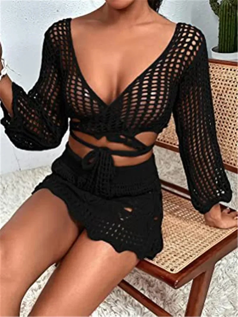2024 Long Sleeve Cropped Tops Bikini Bottom Skirts Women Knitted Cover Up Mini Dress Beach Bathing Suit Women Swimsuit Beachwear 250305Z