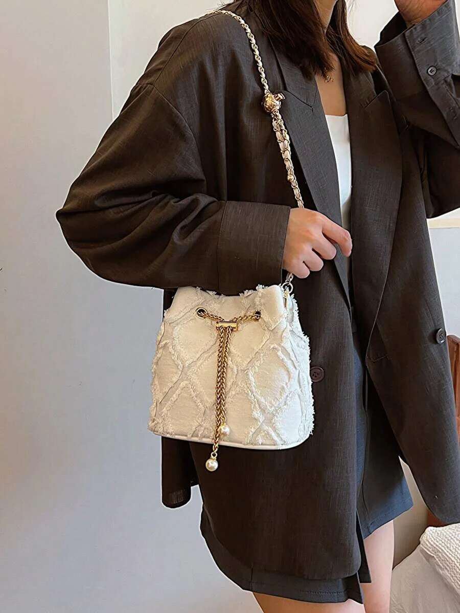 Fashion Solid Color Plaid Vintage Denim Crossbody Bag Pull Rope Open And Close, Suitable For Women's Daily Travel-Ll