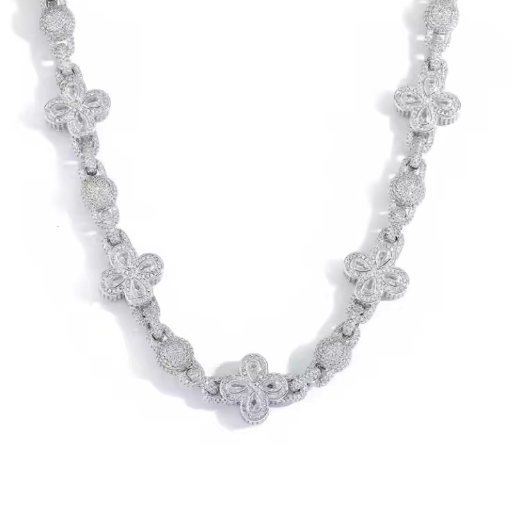 Wholesale Fashion Hip Hop New Four Leaf Clover Round Ball Bead Jewelry Necklace Moissanite Cuban Link Chain for Men/Women