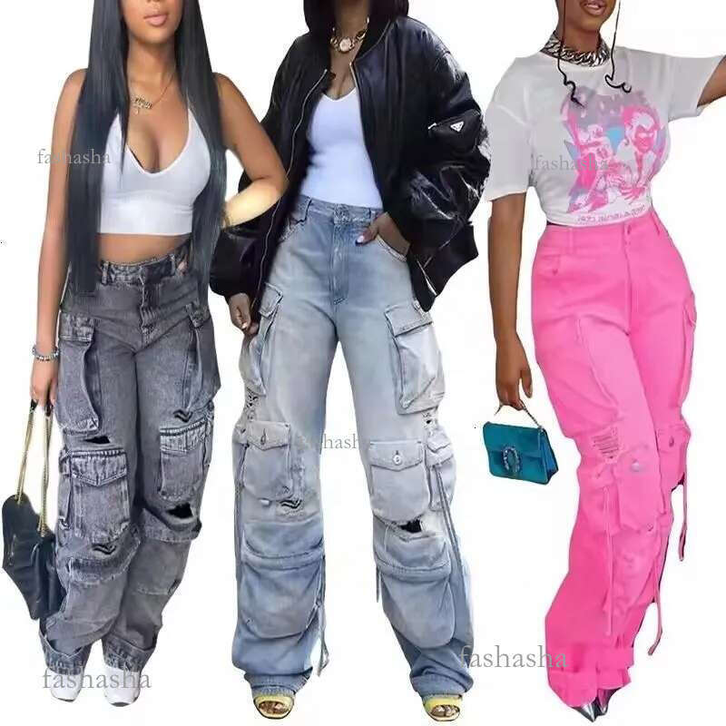 Wholesale Stacked High Quality 6 Pocket Tactical Jeans Cargo Womens Loose P