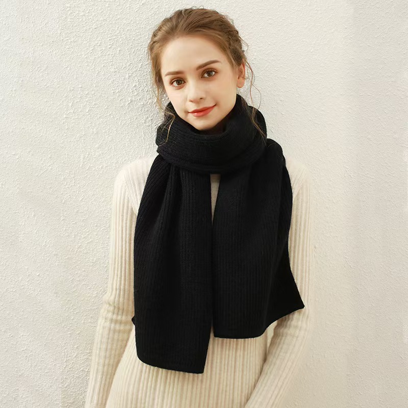 K083 Solid color ribbed knitted scarf for women winter new foreign trade imitation cashmere warm wool neck scarf hat set
