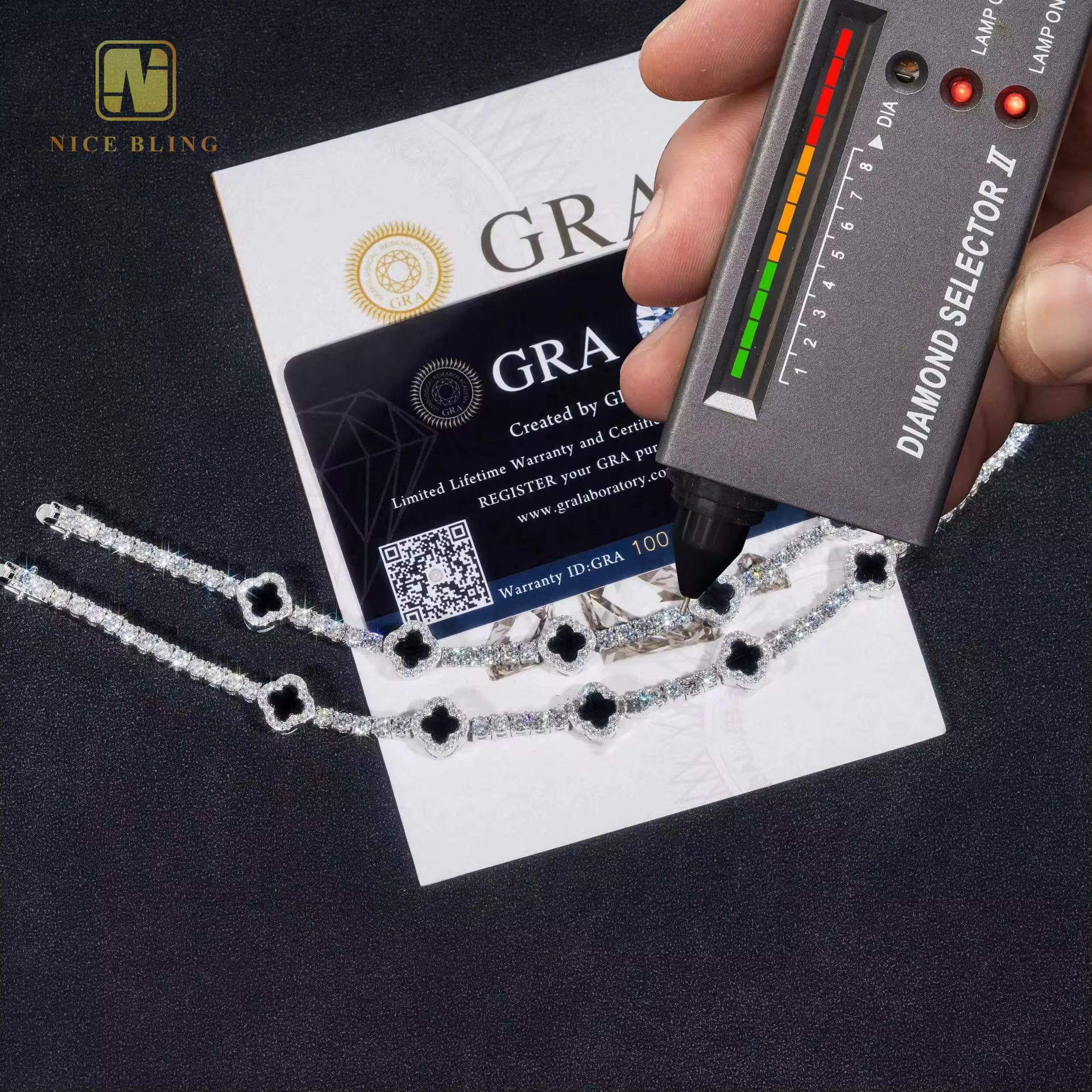 New Arrivals Jewelry 3mm Iced Out Hip Hop Bracelet 925 Sterling Silver Black White Moissanite Clover Tennis Bracelet Necklace