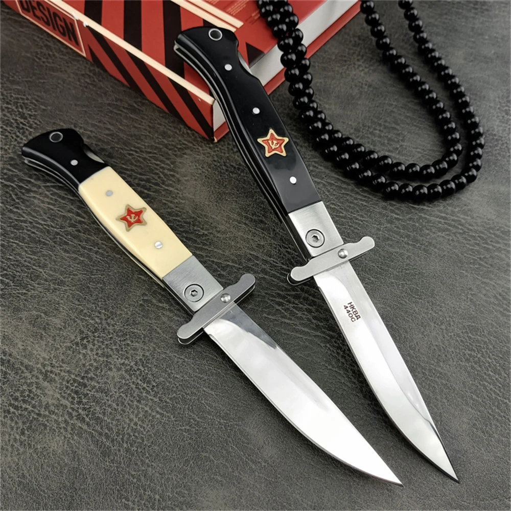 Russian Finka NKVD Tactical Assisted Opening Folding Knife 440C Stainless Steel Blade, ABS Handle with Nylon Sheath - Outdoor Hunting Survival Camping
