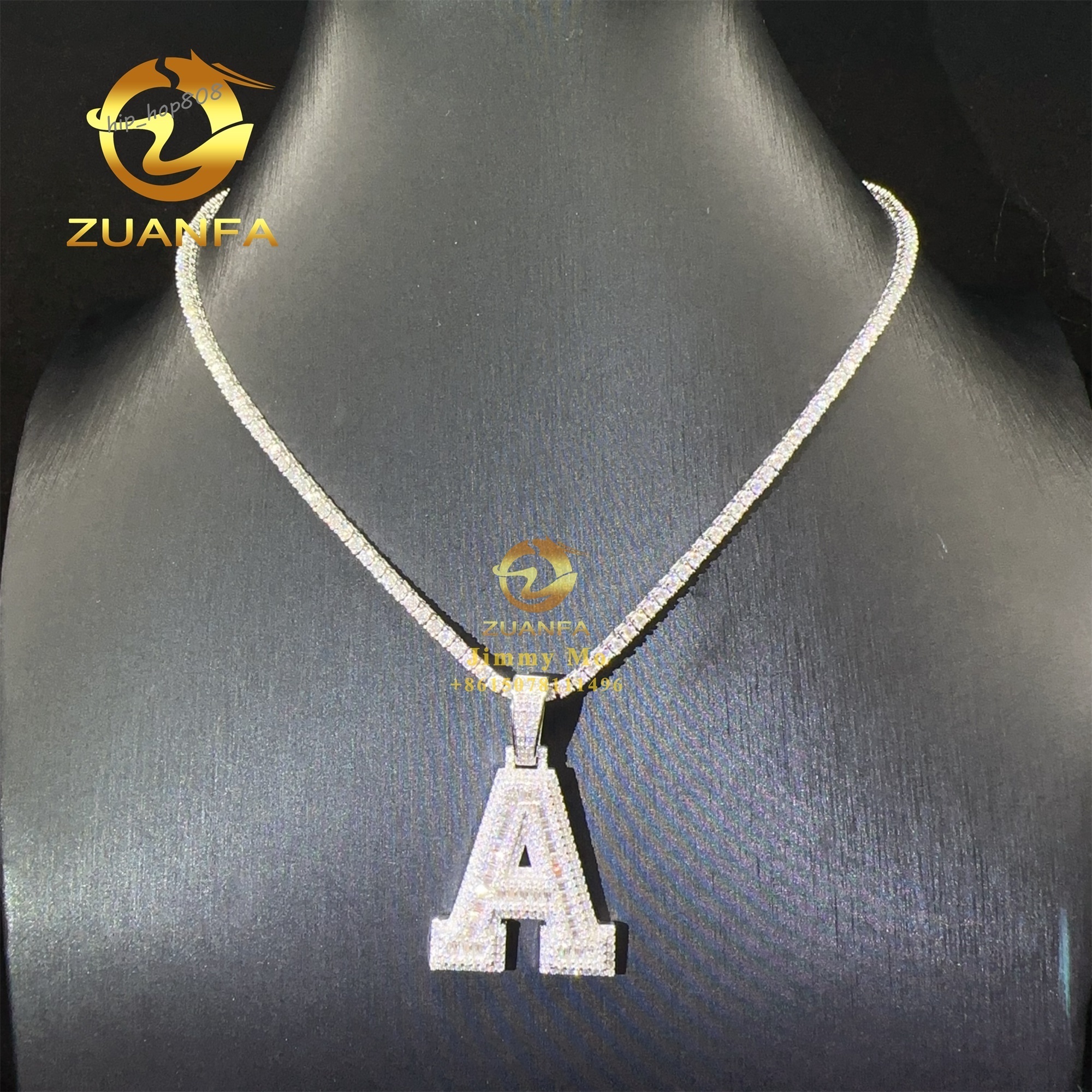 Fashion Hip Hop Pendant Jewelry 925 Sterling Silver VVS1 Baguette Moissanite Diamond a Initial Letter Pendant Necklace Set