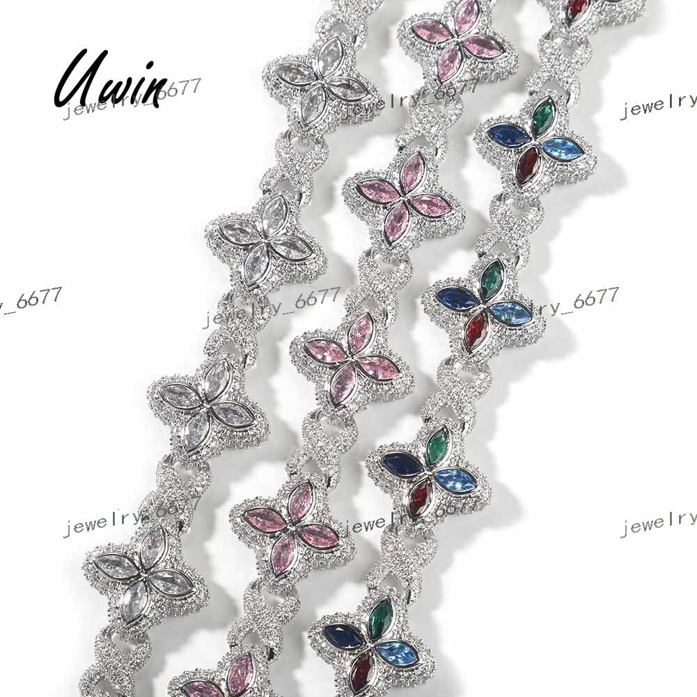 UWIN New Arrival Hip Hop Pink CZ Clover Bracelet CZ Iced Out Flower Diamond with Infinite Chain Bracelet for Men Women