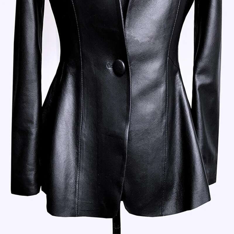 Lautaro Autumn Black Slim Soft Pu Leather Jacket Women Deep V Neck Long Puff Sleeve Elegant Skirted Blazer Fashion 2021