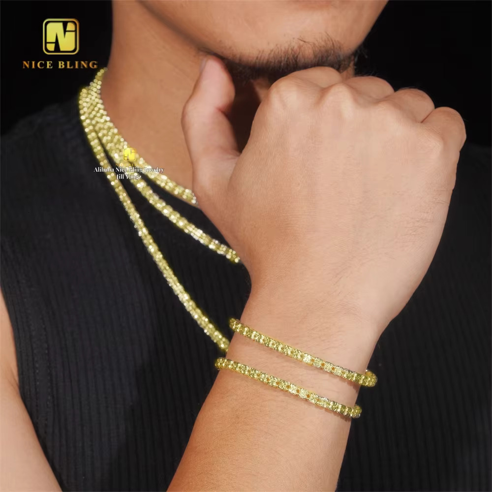 Fancy Ice Chain Cadena Necklace Bracelet Moon Ice 4mm 925 Plain Silver Chain 18k Gold Plated Necklace NO Moissanite Chain
