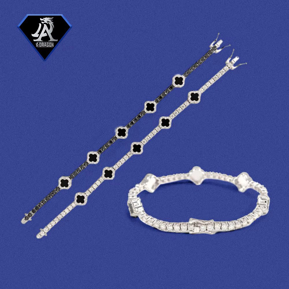 Designer jewelry 3mm BlackWhite Moissanite Four Leaf Clover Tennis Necklace with High Quality DiamondCut 925 Sterling Silver Chain for Women