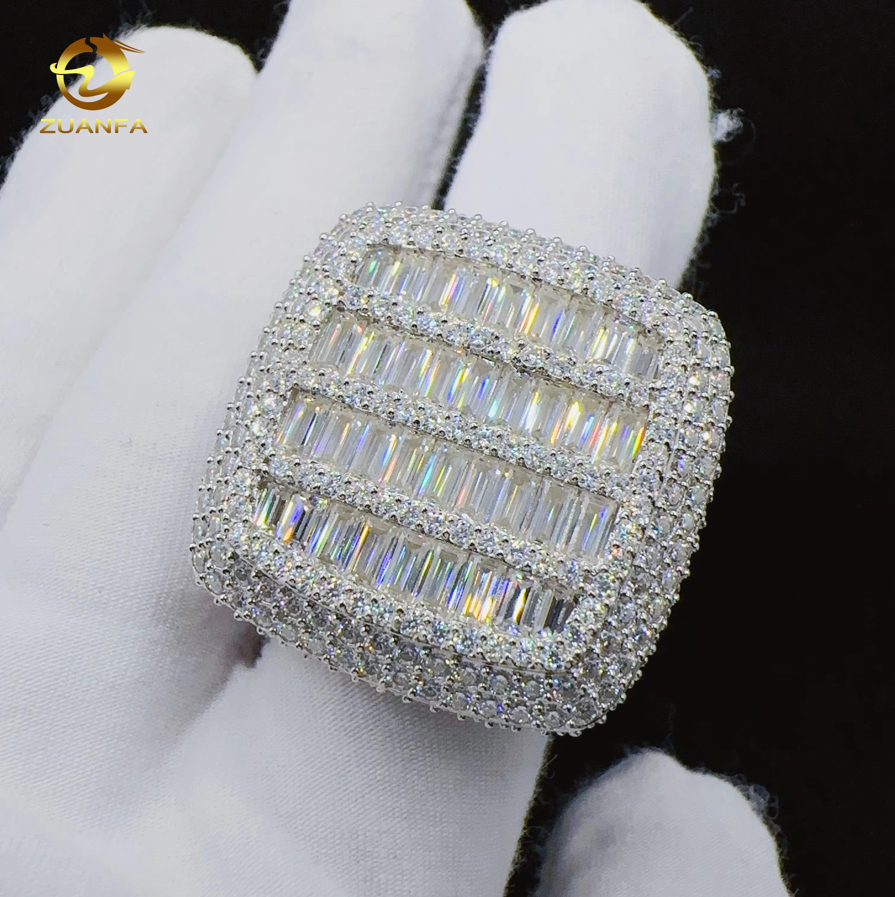 Baguette VVS Moissanite Diamond Big Square Design Ring Hip Hop 925 Sterling Silver Ring for Iced Out Fashion Jewelry