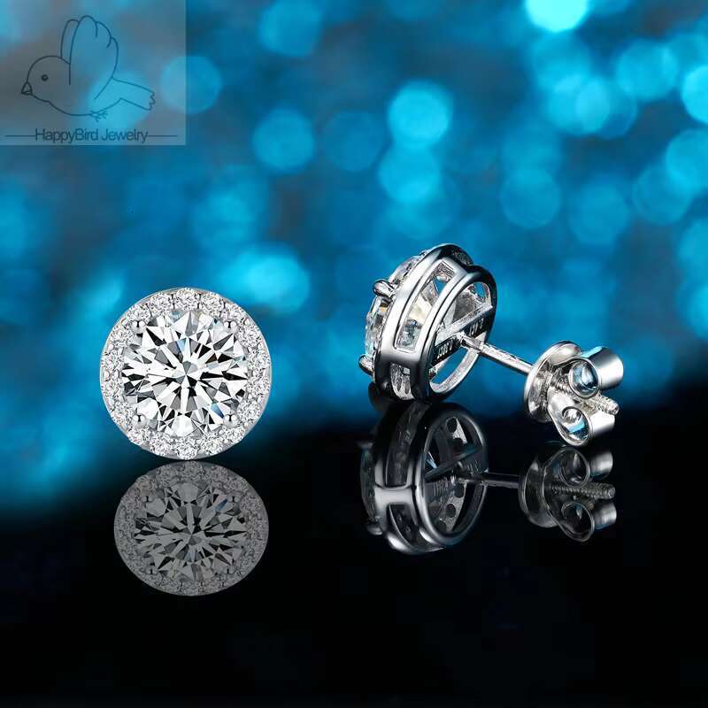 7MM Moissanite Stud Earrings with Sterg Sier Halo Rhodium Plated Classic Style Women's Jewelry