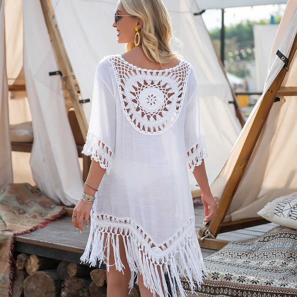 CROCHET BIKINI Bikini Cover Up With Fringe Trim Women Sexy Hollow Tunic Beach Dress Summer Bathing Suit Beachwear 250305Z