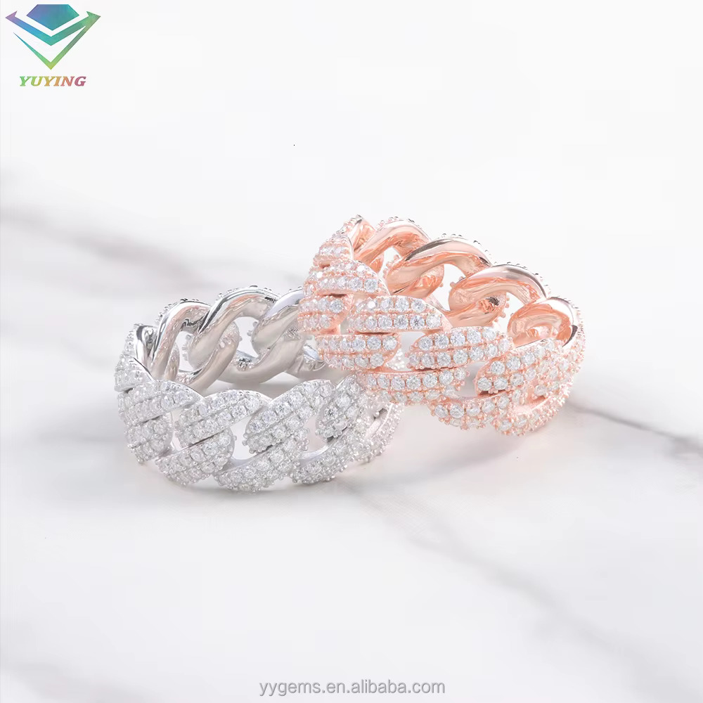 In Stock Iced Out Moissanite Ring Fashion Jewelry 925 Silver White Gold Plated Hip Hop Moissanite Diamond Cuban Ring for Men
