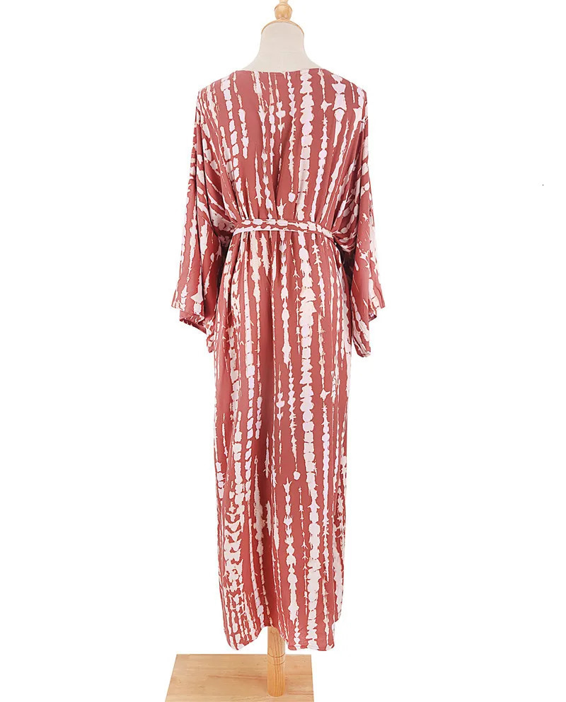 Womens Beach Cover Ups Open Front Tie Dye Maxi Cardigan Kimono Swimsuit with Belts 250305Z