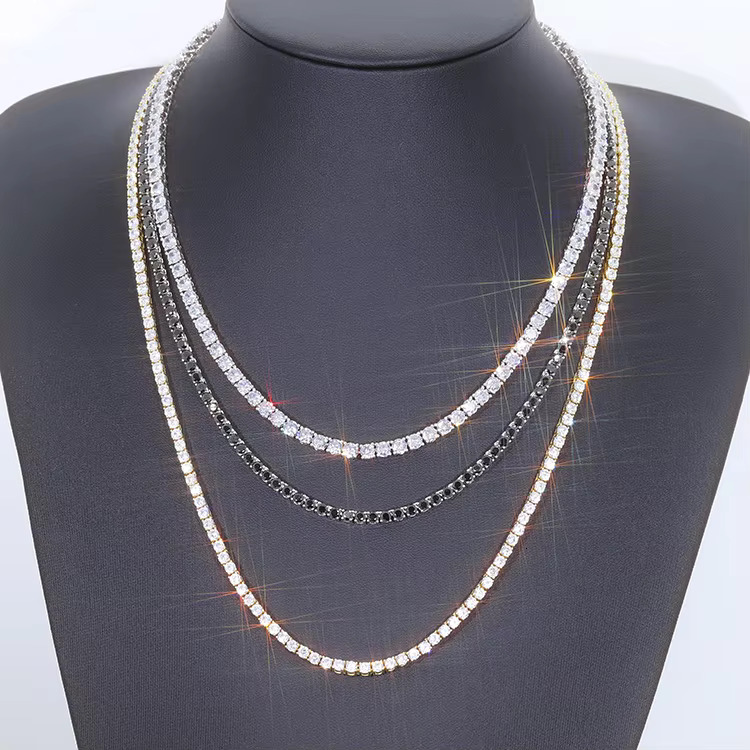 Hiphop Jewelry 4mm Black Tennis Bracelet Necklace With VVS Moissanite Pure Silver 925 Tennis Chain