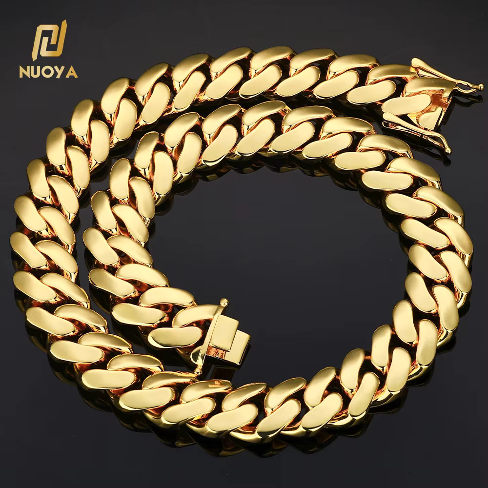 NUOYA 14K/18K Gold Plated Thick Solid Cuban Link Chain Hip Hop Jewelry Iced Diamond Clasp Flat Miami Cuban Link Necklace for Men