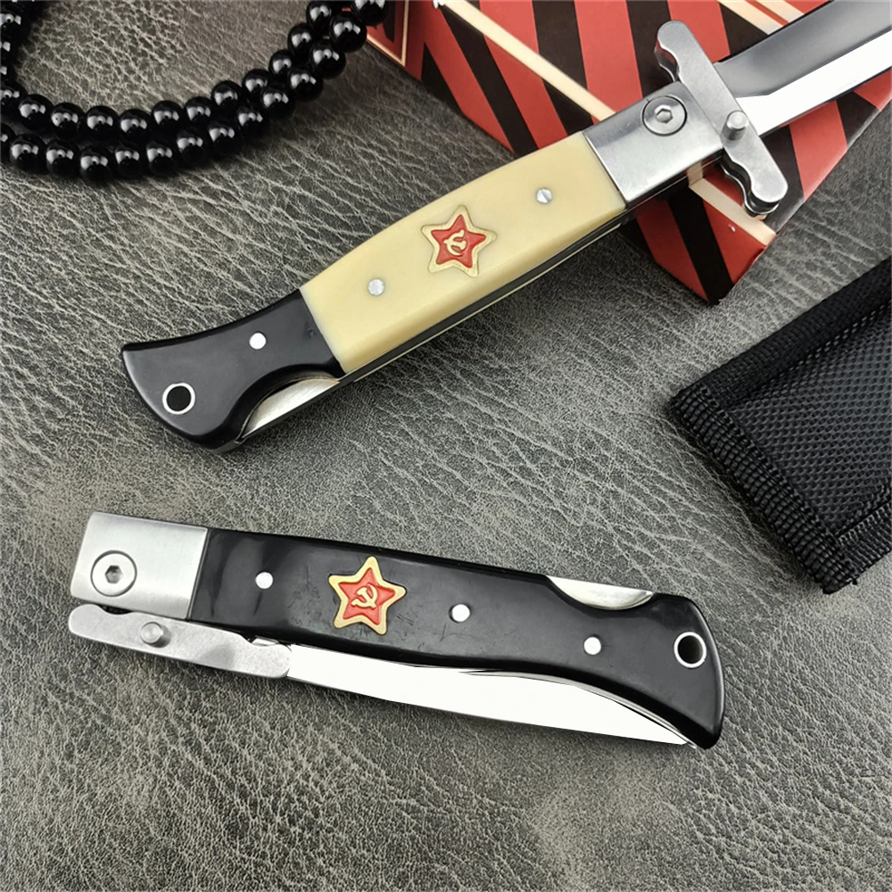 Russian Finka NKVD Tactical Assisted Opening Folding Knife 440C Stainless Steel Blade, ABS Handle with Nylon Sheath - Outdoor Hunting Survival Camping