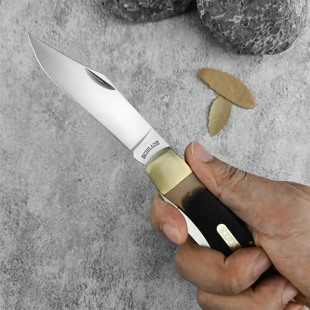 Schrade 25OT Pocket Folding Knife with Double 7Cr13Mov Blade Brass + Acrylic Handle Cowhide Sheath Outdoor Hunting Survival Camping Knives 3300 535 15