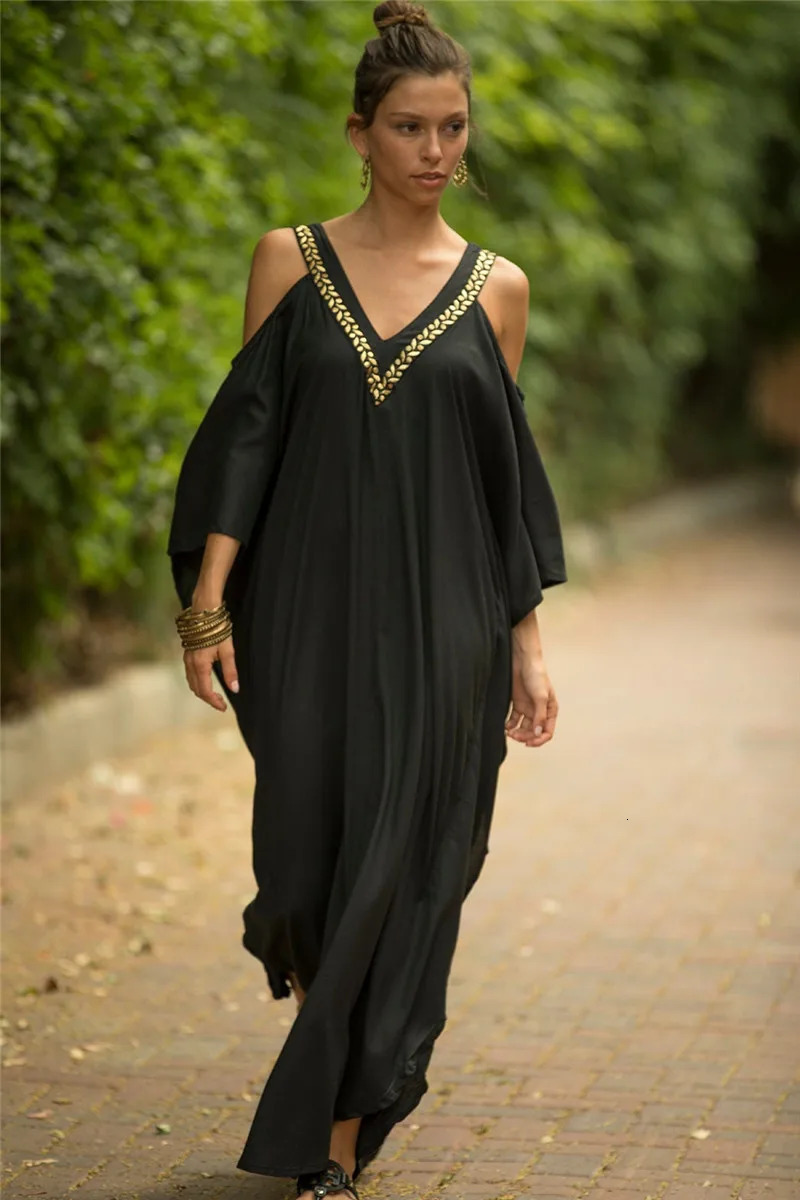 Kaftan Dress Swimwear Cover Maxi Dress Beach Dress Cold Shoulder Beach Coat Summer Vacation 250305