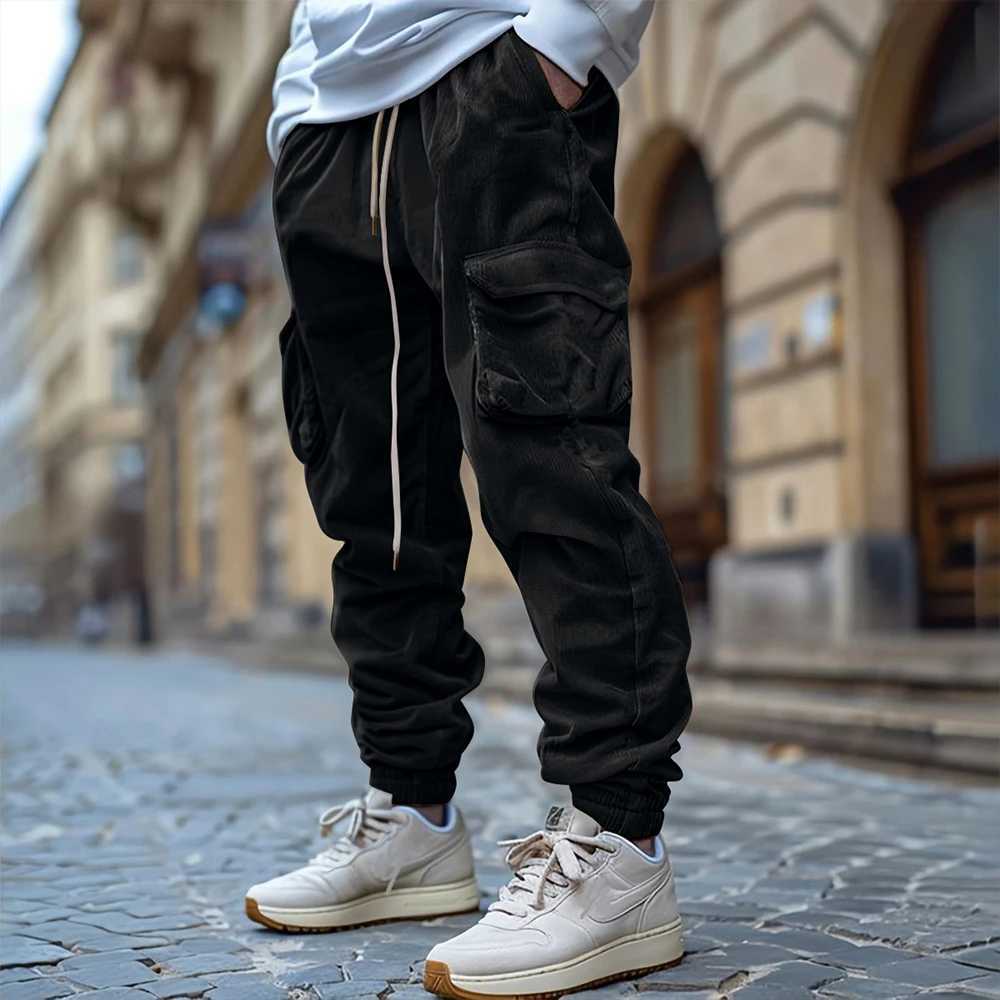 Mens Corduroy Fleece Warm Pants Pocket Winter Vintage Loose Workwear Drawstring Elastic Waist Joggers Windproof Design TrousersT250308