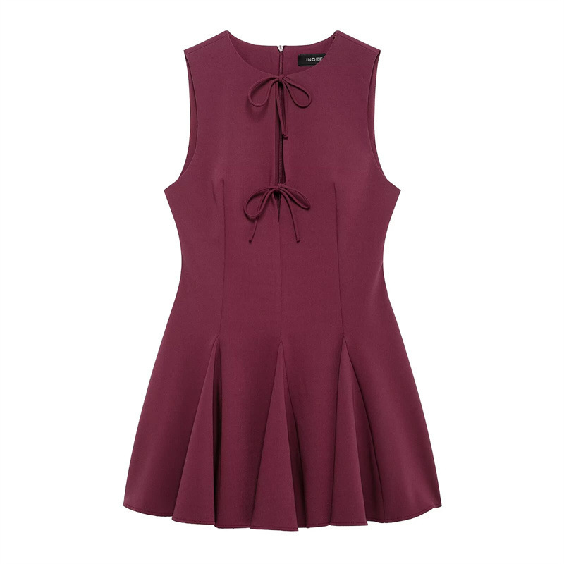 Y5125 Bow Tie Hollow Short Vest Dress Summer European and American Sleeveless Slim Mini Skirt