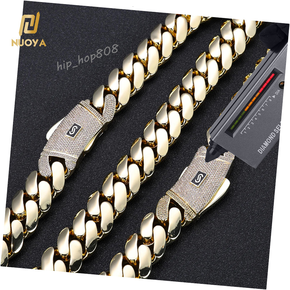 NUOYA High Quality 14K Monaco Chain 925 Silver Cuban Link Necklace Iced Out VVS Moissanite Clasp Smooth Cuban Chain Jewelry