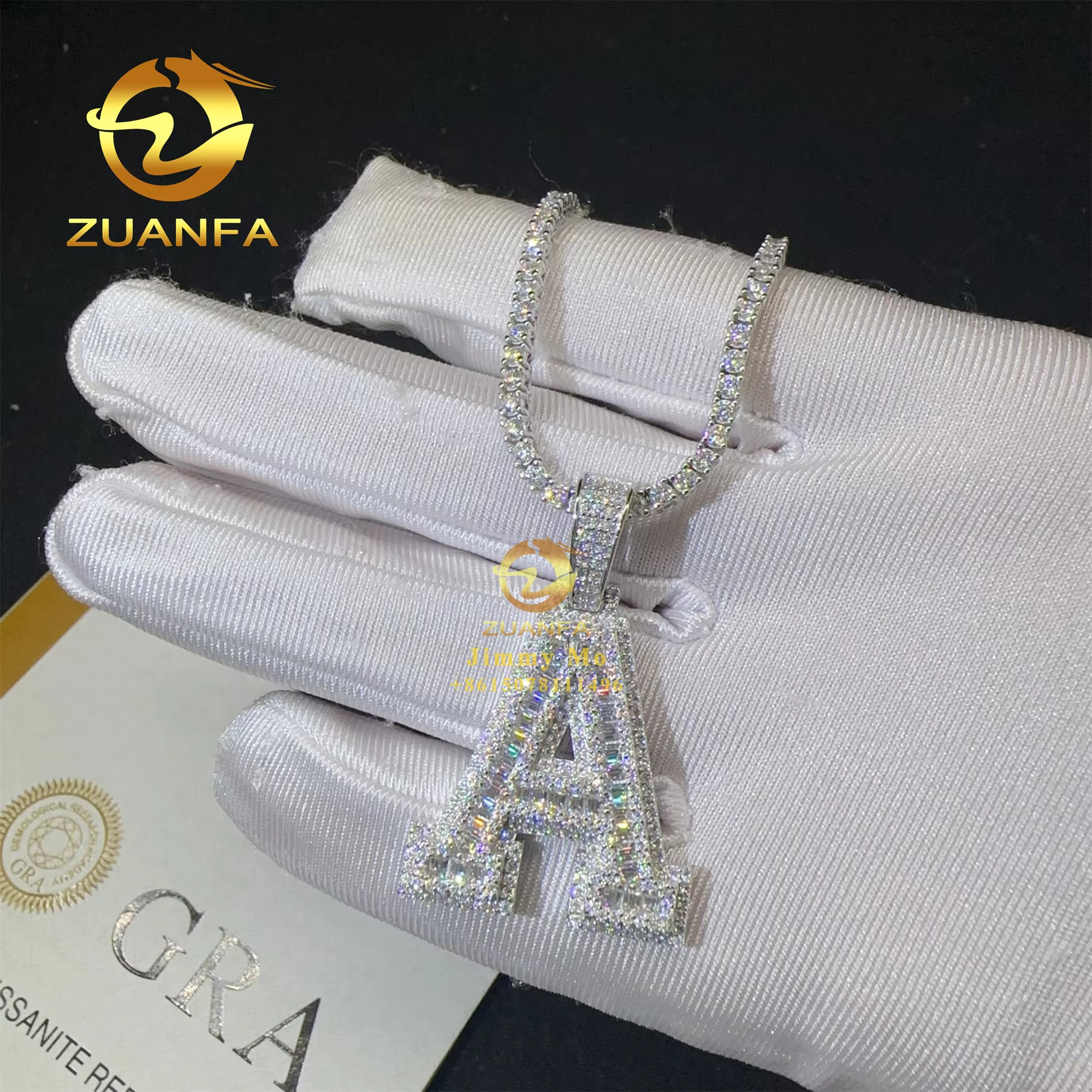 Fashion Hip Hop Pendant Jewelry 925 Sterling Silver VVS1 Baguette Moissanite Diamond a Initial Letter Pendant Necklace Set