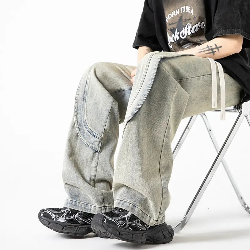 Hip Hop Trendy Mens Jeans Loose Fit Jeans American Street Fashion Straight Jeans Y2K Trousers 250306