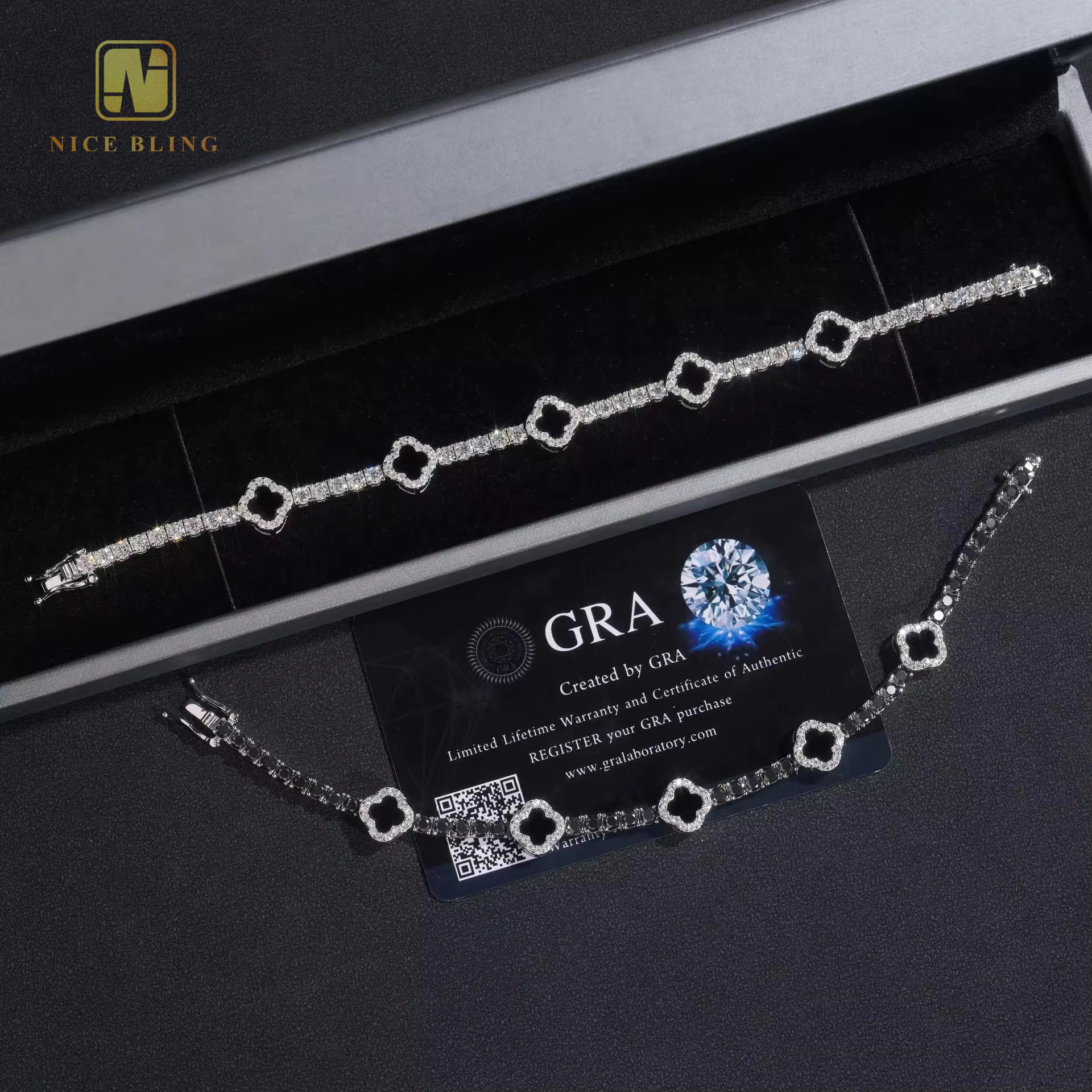 New Arrivals Jewelry 3mm Iced Out Hip Hop Bracelet 925 Sterling Silver Black White Moissanite Clover Tennis Bracelet Necklace